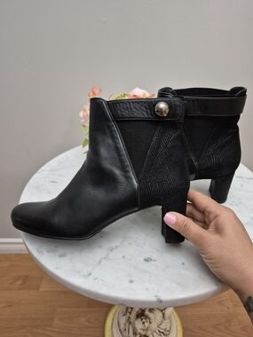 Stuart Weitzman Black Leather Ankle Booties with Textured Heel